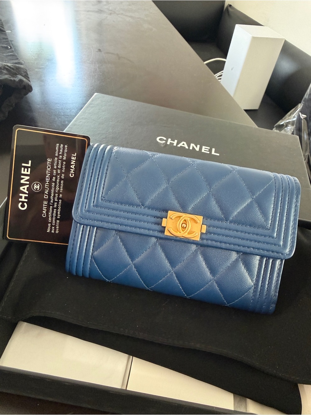 CHANEL Navy Quilted Boy Wallet with Gold CC Lock